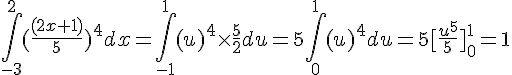 4$\int_{-3}^2(\frac{(2x+1)}{5})^4dx=\int_{-1}^1(u)^4\times\frac{5}{2}du=5\int_{0}^1(u)^4du=5[\frac{u^5^}{5}]_0^1=1